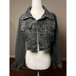 NEW Cropped Black Denim Womens S/M Jacket Fringe Distressed Hem Tassels Western